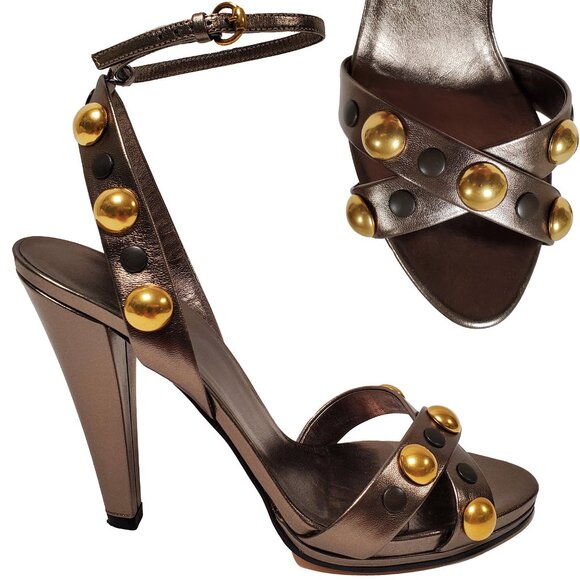 GUCCI SHOES STUDDED BABOUSKA LEATHER SANDALS HIGH HEEL sz 37.5 7.5 - Picture 1 of 15